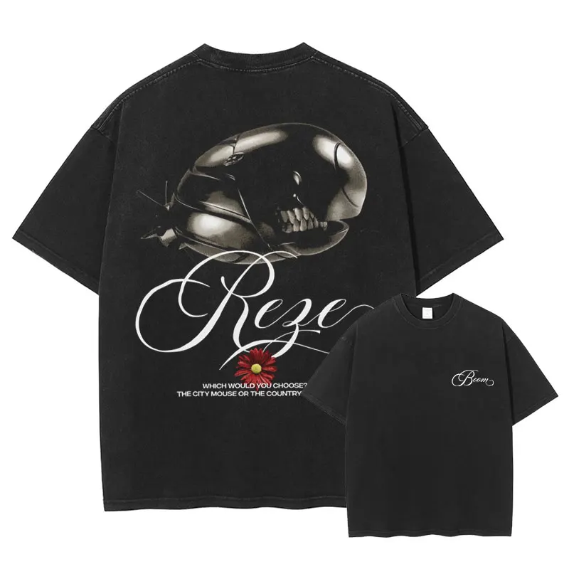 

Anime Manga Reze T Shirt Vintage Washed Chainsaw Demon Tops Tees Anime Harajuku DTG Print Short Sleeve Oversized T-shirt Cotton