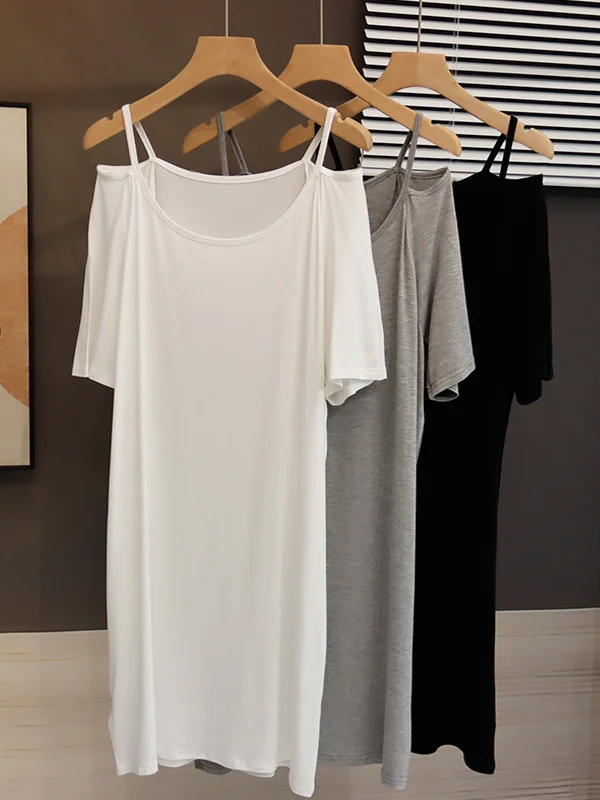 

plus Size Women's Midi Dress Shoulder Bared Short Sleeve Modal T-Shirt Dress Loose Fit Summer Slimming Korean Style High Waist