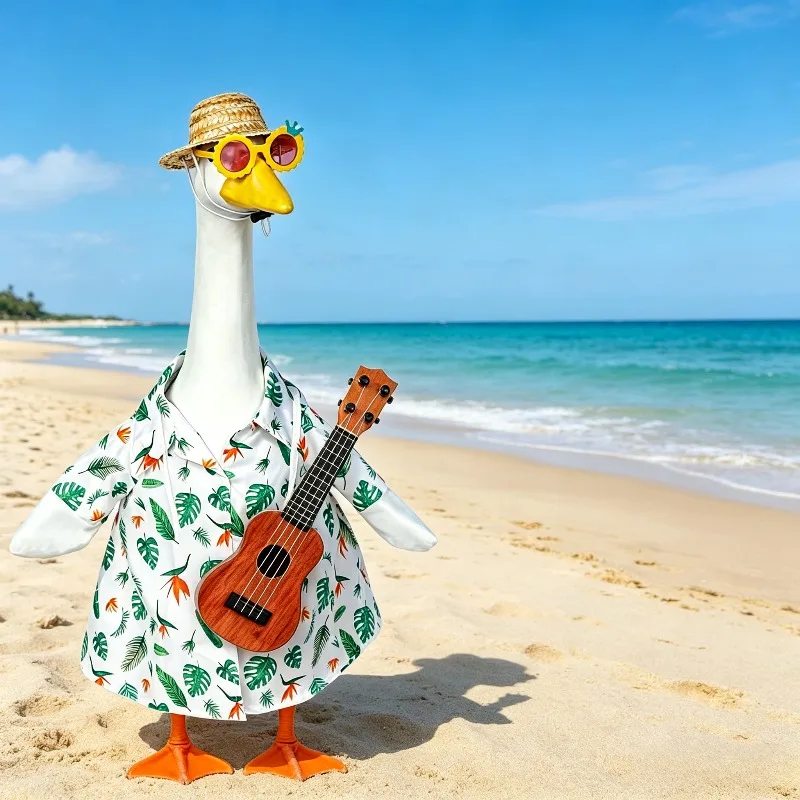 Tropical Leaf Print Porch Goose Set with Straw Hat, Sunglasses & Ukulele, Fits 23 Inch Porch Goose Statue, Summer Yard Decor view 2