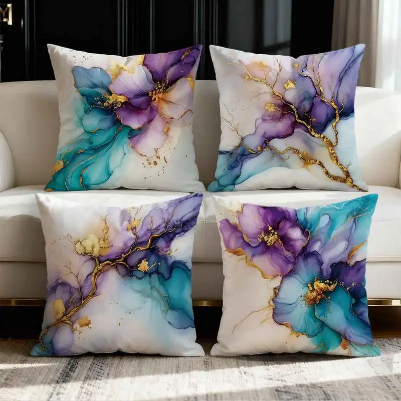 

Наволочка с цветочным принтом в стиле люкс: фиолетово-бирюзовая с золотыми вкраплениями, абстрактный дизайн для современного гламурного декора