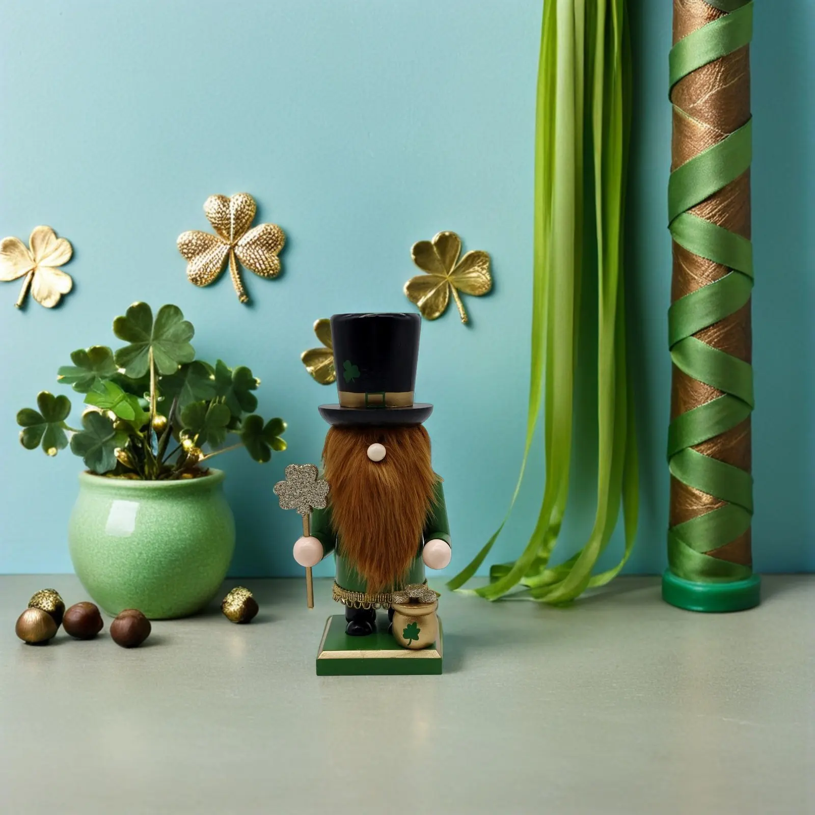 Wooden Day Nutcracker Decor Handmade Walnut Soldier Irish Shamrock Table Decoration Lucky Holiday Ornament