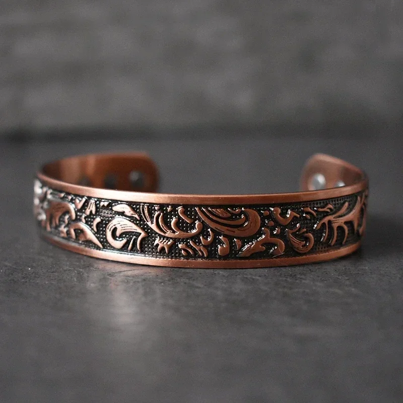 Pure Copper Magnetic Bracelet Arthritis Pain Relief Flower Pattern Adjustable Cuff Bangles for Men Magnetic Therapy Jewelry