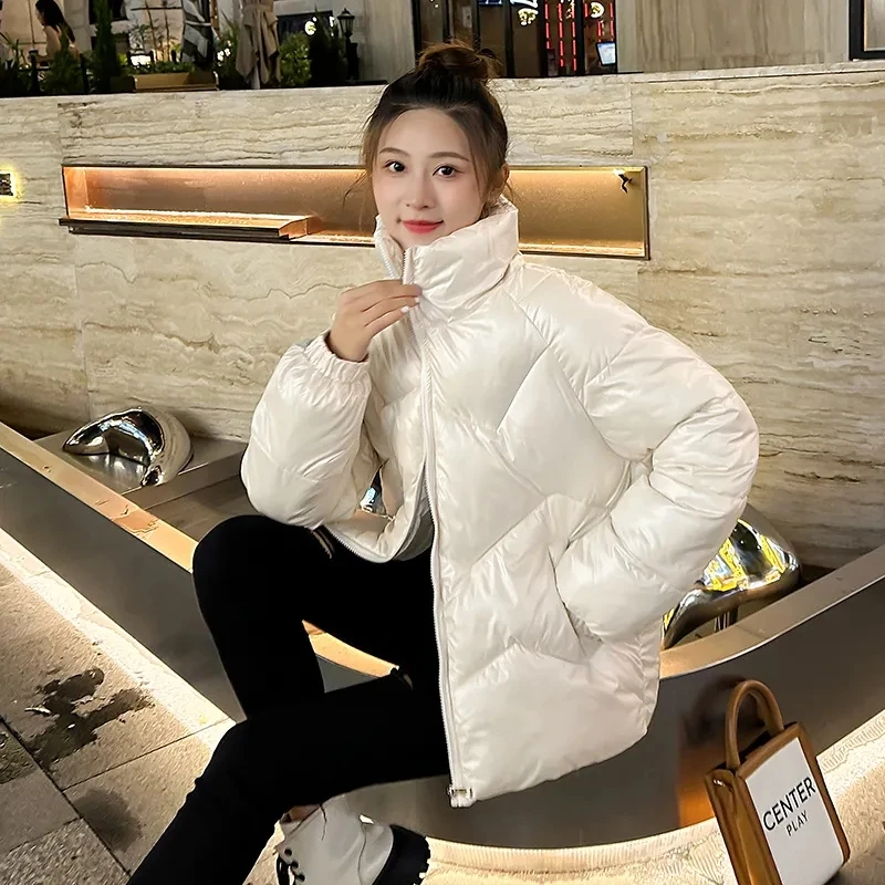 Women 2023 New Winter Color Loose Padded Jacket Bright Face Detachable Sleeves Hooded Stand-up Collar Down Bread Padded Jacket