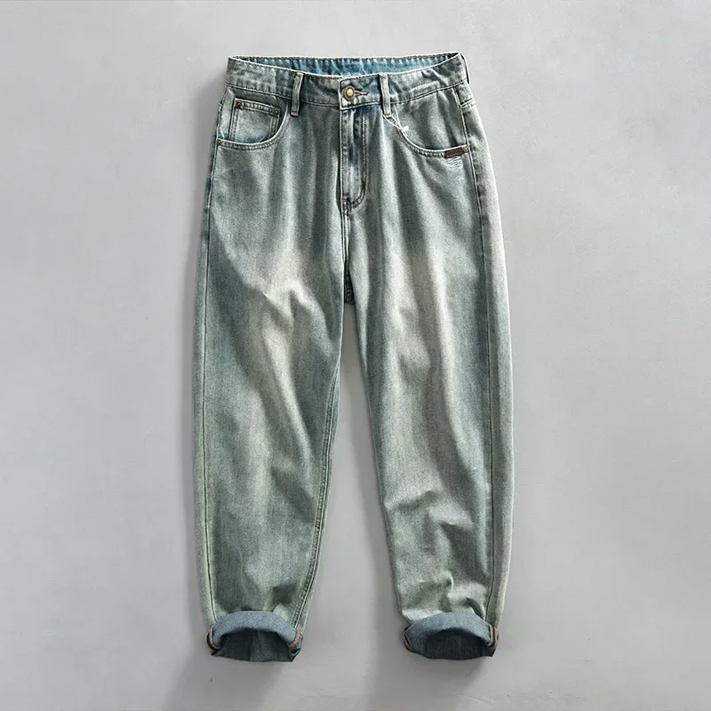 

High Street Retro Tapered Jeans for Men Four Seasons Daily Casual Denim Pants Micro-stretch Washed Blue Jeans Simple Baggy Jeans