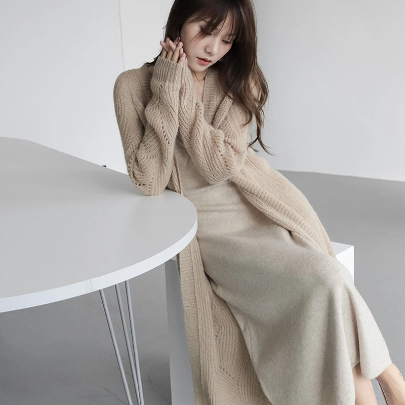 Elegant Hollowed Out Knitted Long Cardigan Women Korean Lightweight Tops Aesthetics Spring Shawl Coats Loose Casual Outerwear