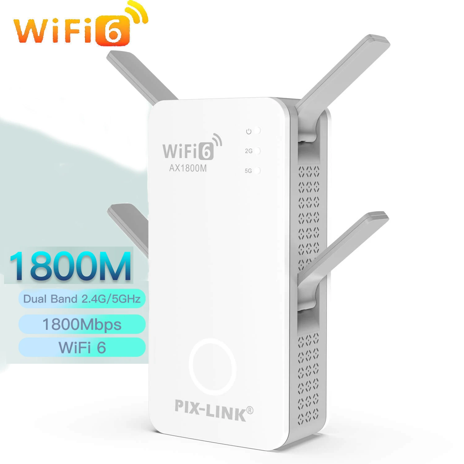 

Pix-link WiFi 6 AX1800 Repeater Extender Signal Booster Dual Band 2.4G/5GHz Wi-Fi Signal Amplifier Long Range Network Easy Set