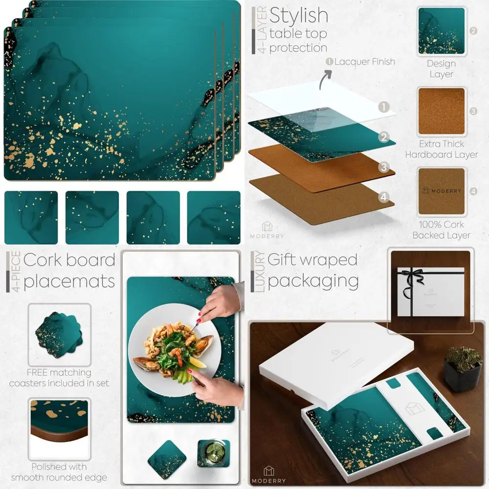 Juego de 4 manteles individuales de corcho resistentes al calor con posavasos para bebidas a juego, decoración de mesa de comedor verde oscuro y dorado