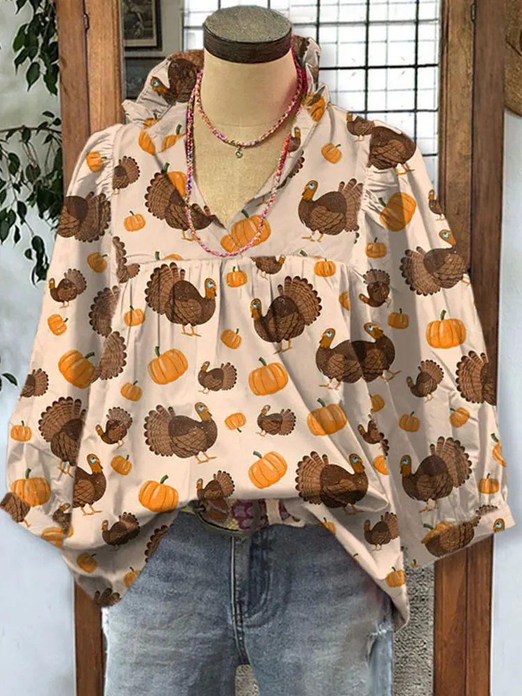 

Turkey Pumpkin Print Shirt Women Thanksgiving Pleated Puff Sleeve Blouse Thankful Grateful Blessed Fall Top