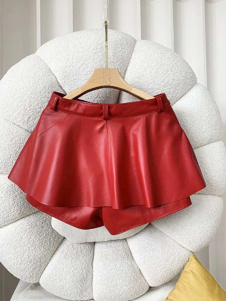 Fashion Women Genuine Leather Shorts Skirt Solid Color High Waist A Line Mini Trousers High Street Female Sexy Sheepskin Shorts