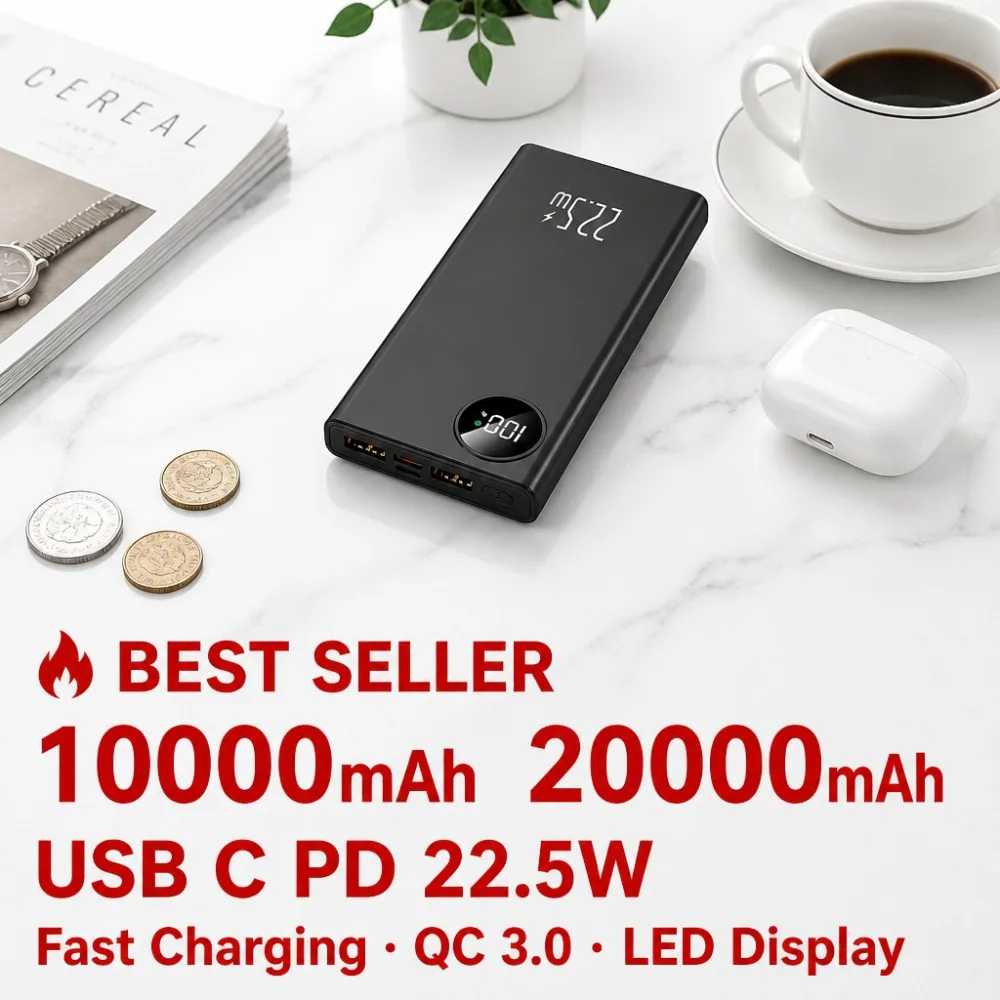 20000mAh Power Bank USB C PD 22.5W QC 3.0 Battery Pack for iPhone Samsung Xiaomi iPad LED Display Dual Port PowerBank