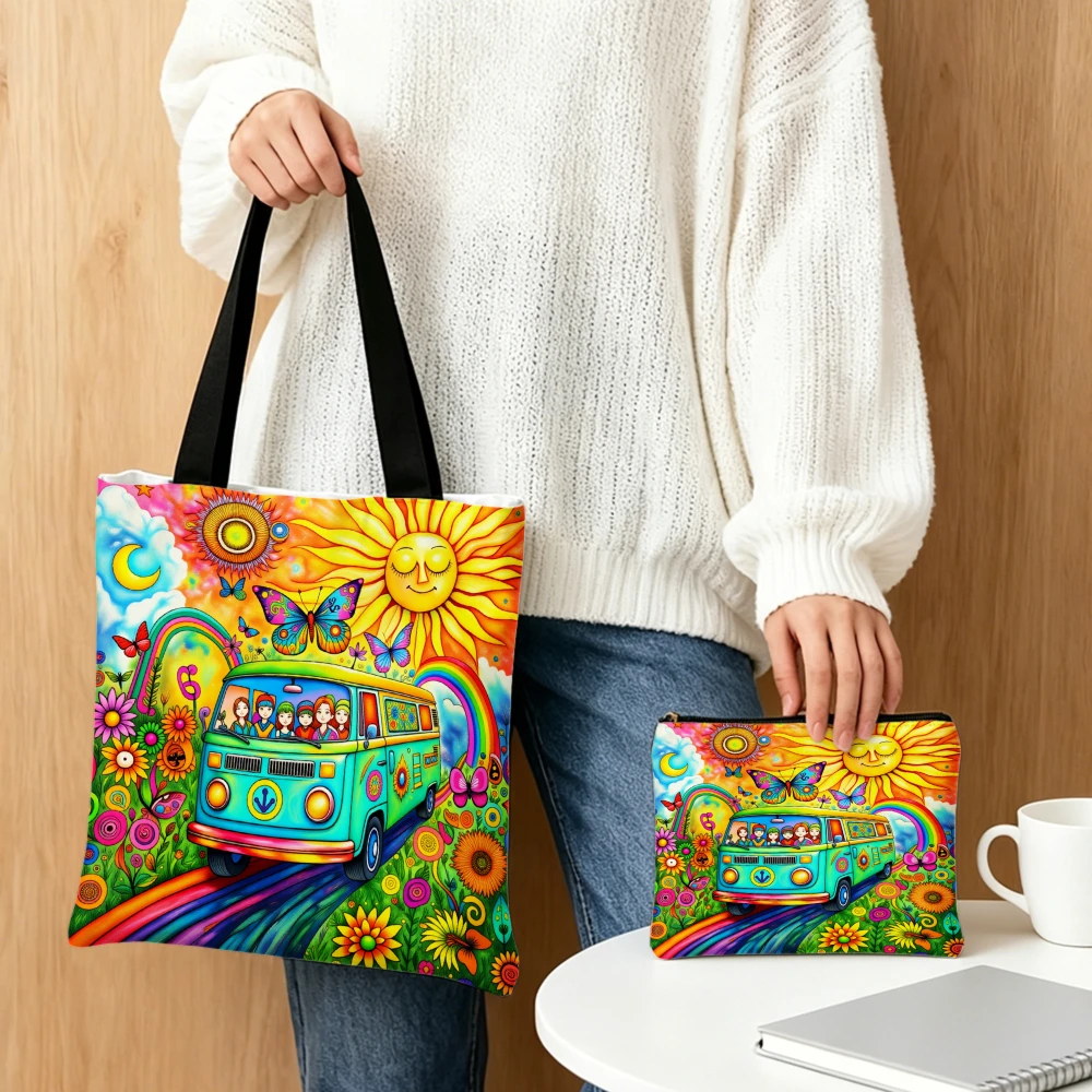 Colorful Hippie Van Handbag Multicolor Pattern Tote Bags And Makeup Bag Combination For Women Travel Daily Use Shoulder Bag view 5