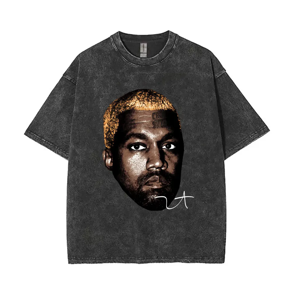 

Washed Vintage Rapper Kanye West Face Graphic T-shirt Men Women Hip Hop Fashion Oversized T-shirts Men's Cotton Crewneck T Shirt