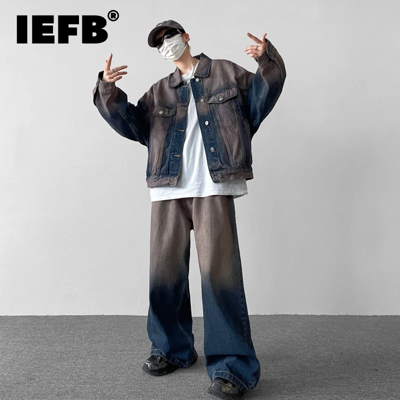 IEFB Autumn New Fashion Men's Two-piece Suit American Washed Fashion Gradient Color Denim Set Lapel Jacket Wide Leg Pants 9C8910