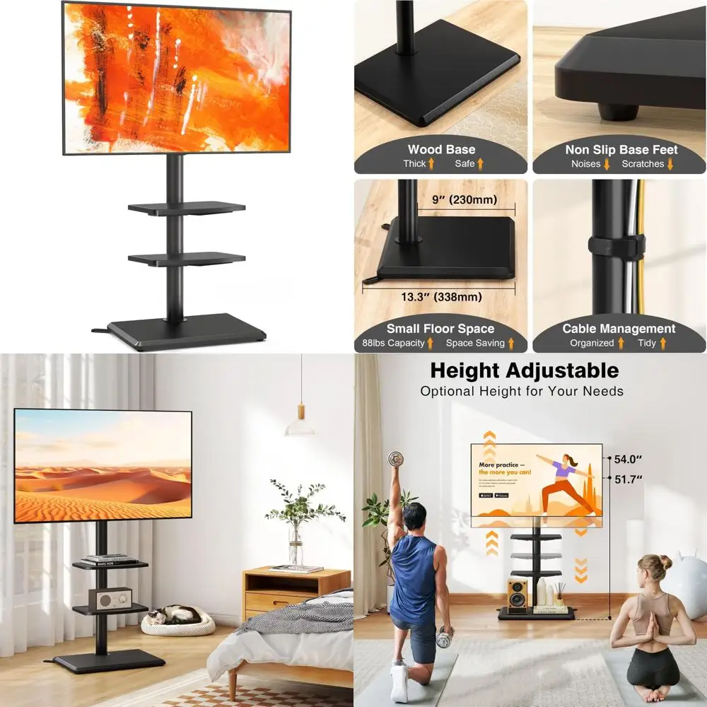 Height Adjustable TV Stand for 32-60 Inch TVs up to 88 lbs, Wood Base Mount Stand with Adjustable Height for Flat and Curved Scr