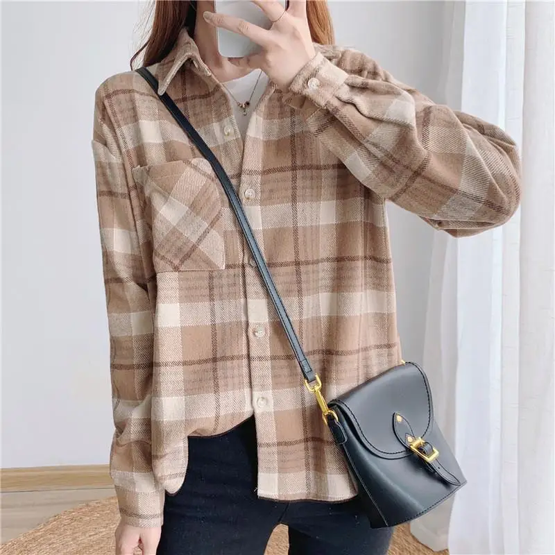

Plaid Shirt Women's Retro Thickened Brushed Long-sleeved Lazy Style Loose Top Jacket Trendy