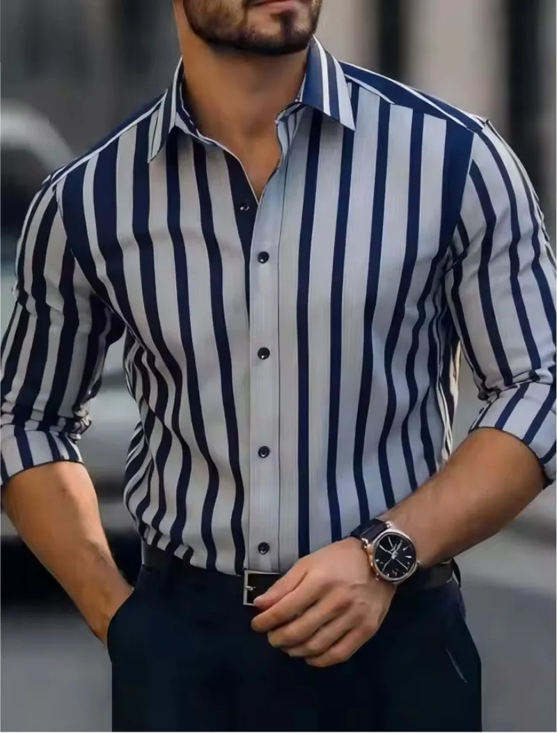 New men's long sleeved shirt with fashionable design, featuring a lapel and contrasting colors paired with a bu