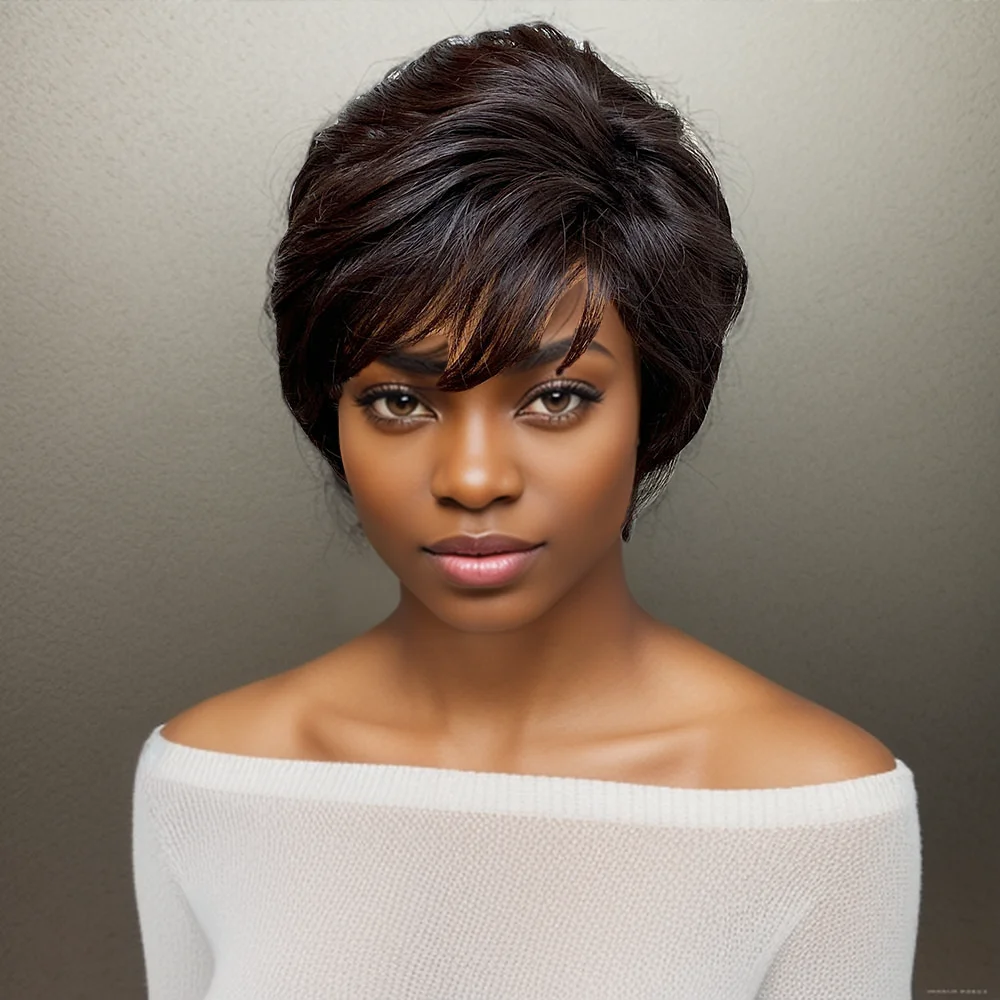 

Короткий парик из натуральных волос Remy с стрижкой пикси для чернокожих женщин, прямой парик машинного производства с челкой, обычная посадка