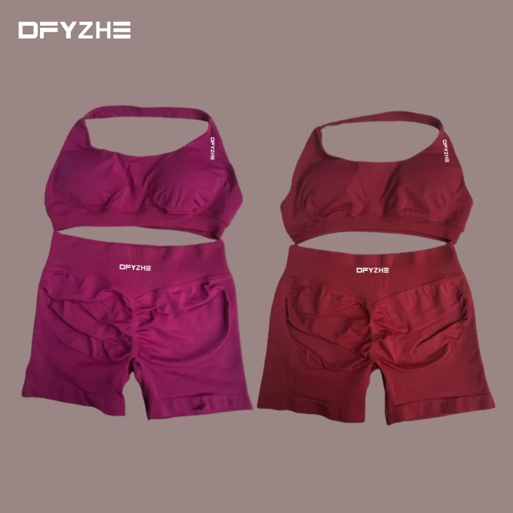 DFYZHE tweedelige set zonder oefeningen voor dames, fitnessbeha, naadloze yogashorts, oefen- en fitnesskledingset, gymleggingset - afbeelding 2