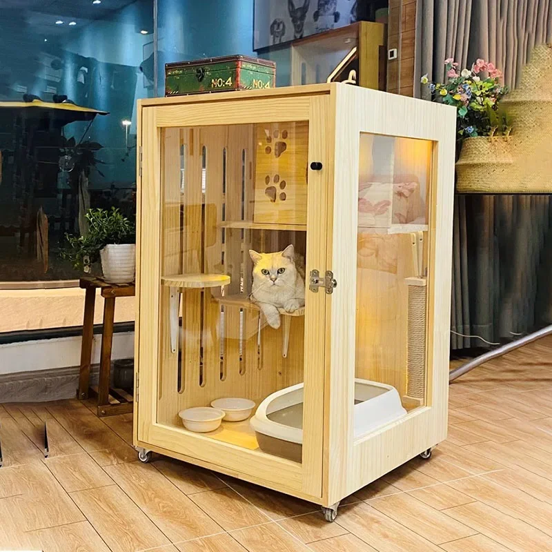 Modern Simple KattenKabinet Closed Tempered Glass Wooden Large Space Comfort Movement Cat Toilet Gato