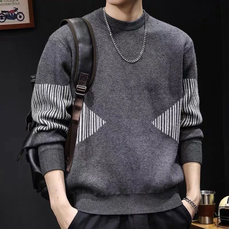 Men's Geometric Pattern Crew Neck Pullover Sweater Casual Long Sleeve Knit Top Autumn Winter Standard Thickness Acrylic
