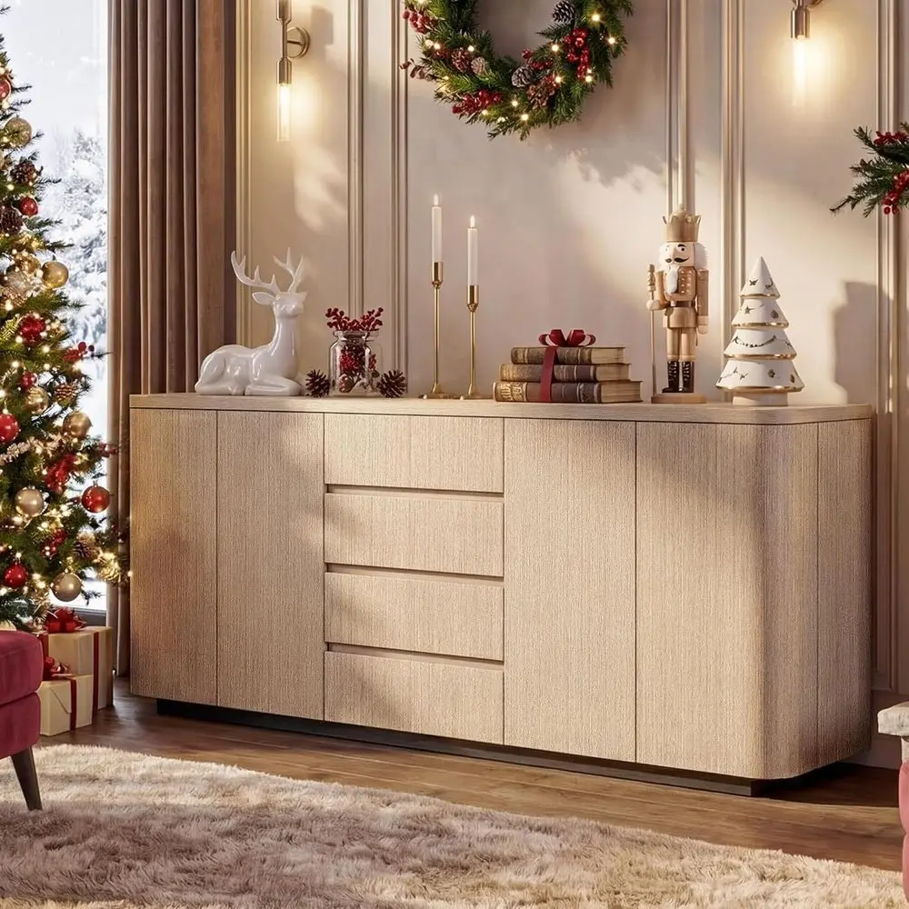 

Elegant 86.6 Solid Wood Buffet with 4 Doors, Storage Cabinet, Curved Cupboard, Coffee Bar Table for Living & Dining Rooms in Nat