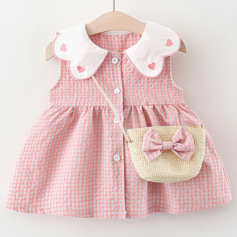 2 Stück Sets Sommer Neugeborene Mädchen Kleidung koreanische süße Puppe Kragen Plaid ärmellose Baby Kleider Bogen Tasche Kinder Prinzessin Kleid bc848