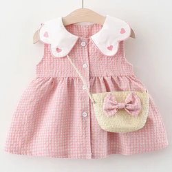 Conjunto de 2 piezas de ropa de verano para niñas recién nacidas, vestidos de bebé sin mangas a cuadros con cuello de muñeca lindo coreano + bolsa de lazo, vestido de princesa para niños, BC848