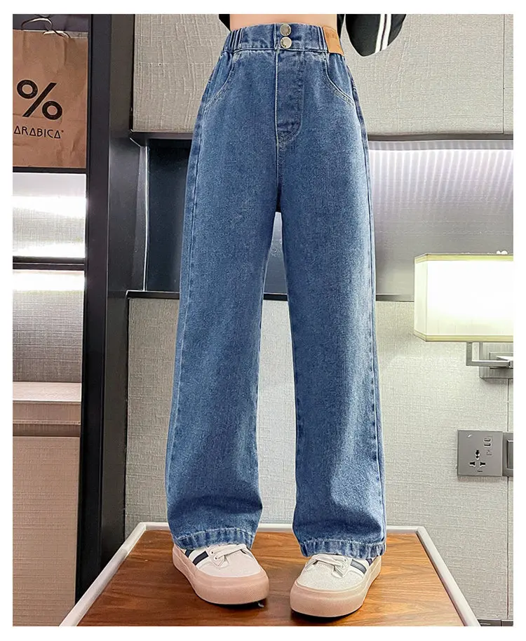 Retro-Isolierte Jeans für Teenager-Mädchen, Herbst-Winter, Lässige Mode, Kinder Weite Gerade Denim-Hosen, Warme Schulhosen für Kinder – Detail 7