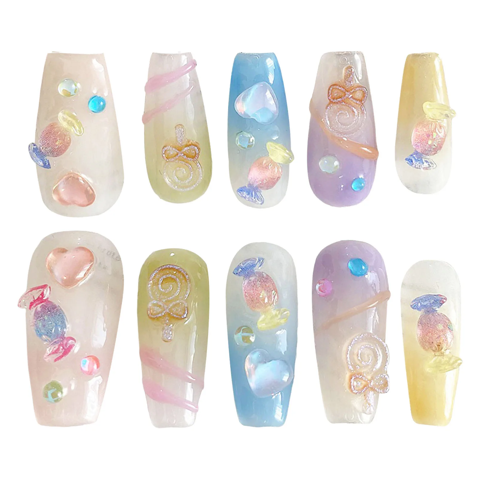 Glossy Cute Style False Nails with Candy Decor Charming Comfortable to Wear Manicure Nails for Stage Performance Wear