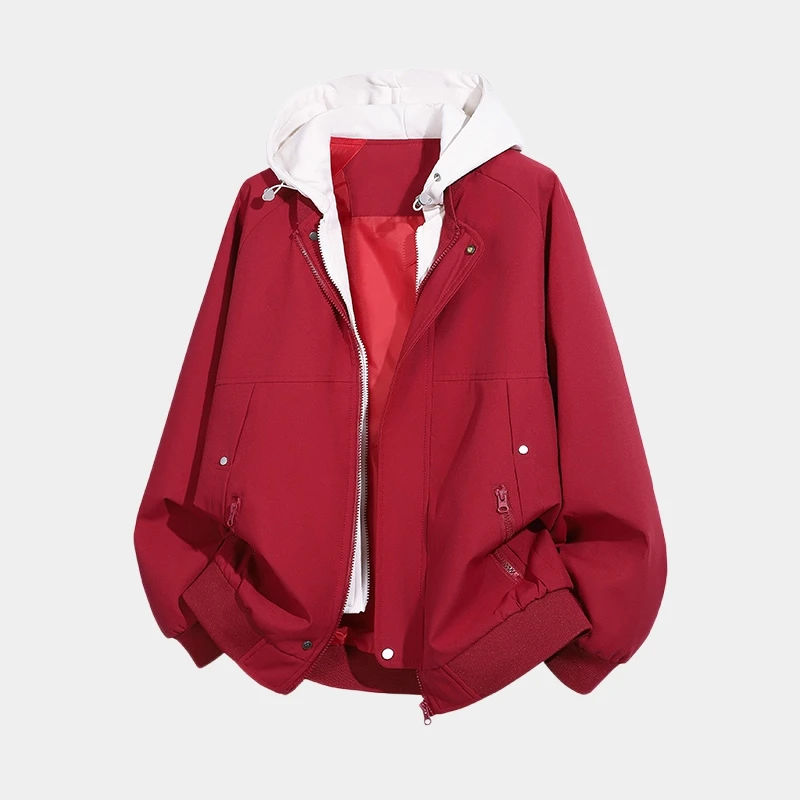 

Водонепроницаемая куртка с капюшоном цвета винного красного, имитация двухслойности, весна-осень, модная универсальная верхняя одежда для пар