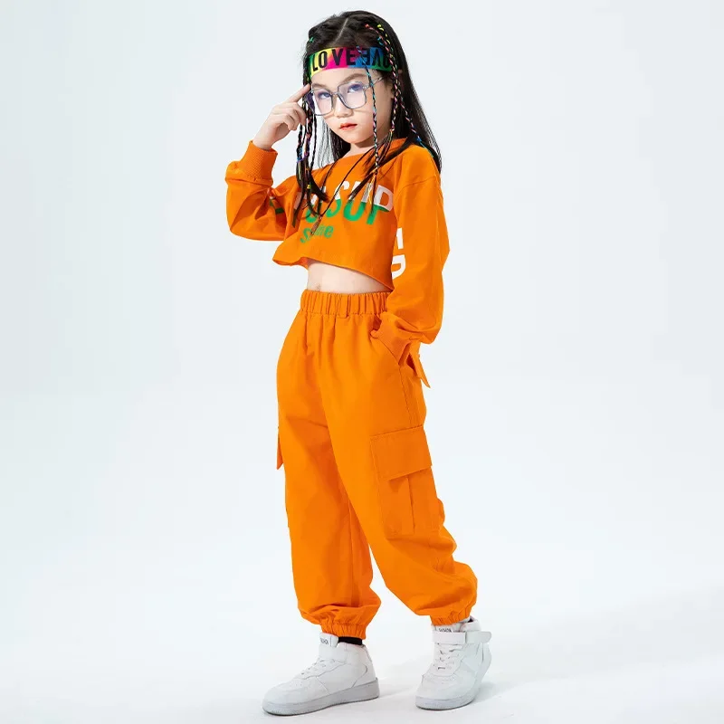 3-16 Years Kids Kpop Hip Hop Clothing Orange Crop Sweatshirt Joggers Pants Girls Jazz Dance Costume Children Streetwear Outfits