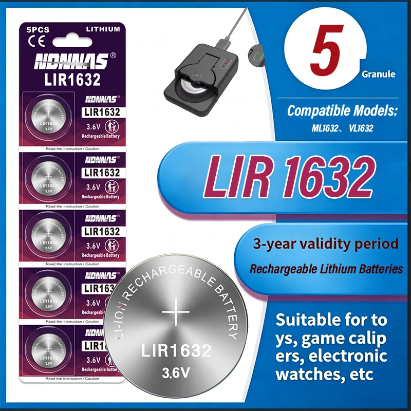 LIR1632 3.6V Lithium Rechargeable Button Battery 2 To 50 Pack CR1632 ML1632 VL1632 Suitable For Car Key Remote Control Watch Toy
