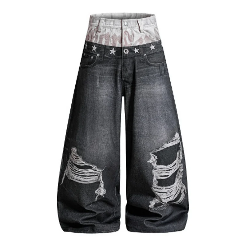 

American Style 3D Printing Broken Hole Design Spliced Double Waist Bend Knife Jeans Niche Unisex Loose Straight Pants