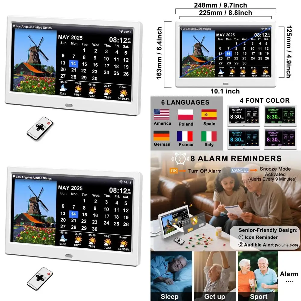 

10.1 Smart Digital Clock 2025: Sync Time, Weather, Calendar, Frame, Temp/Humidity & Alarms (White)