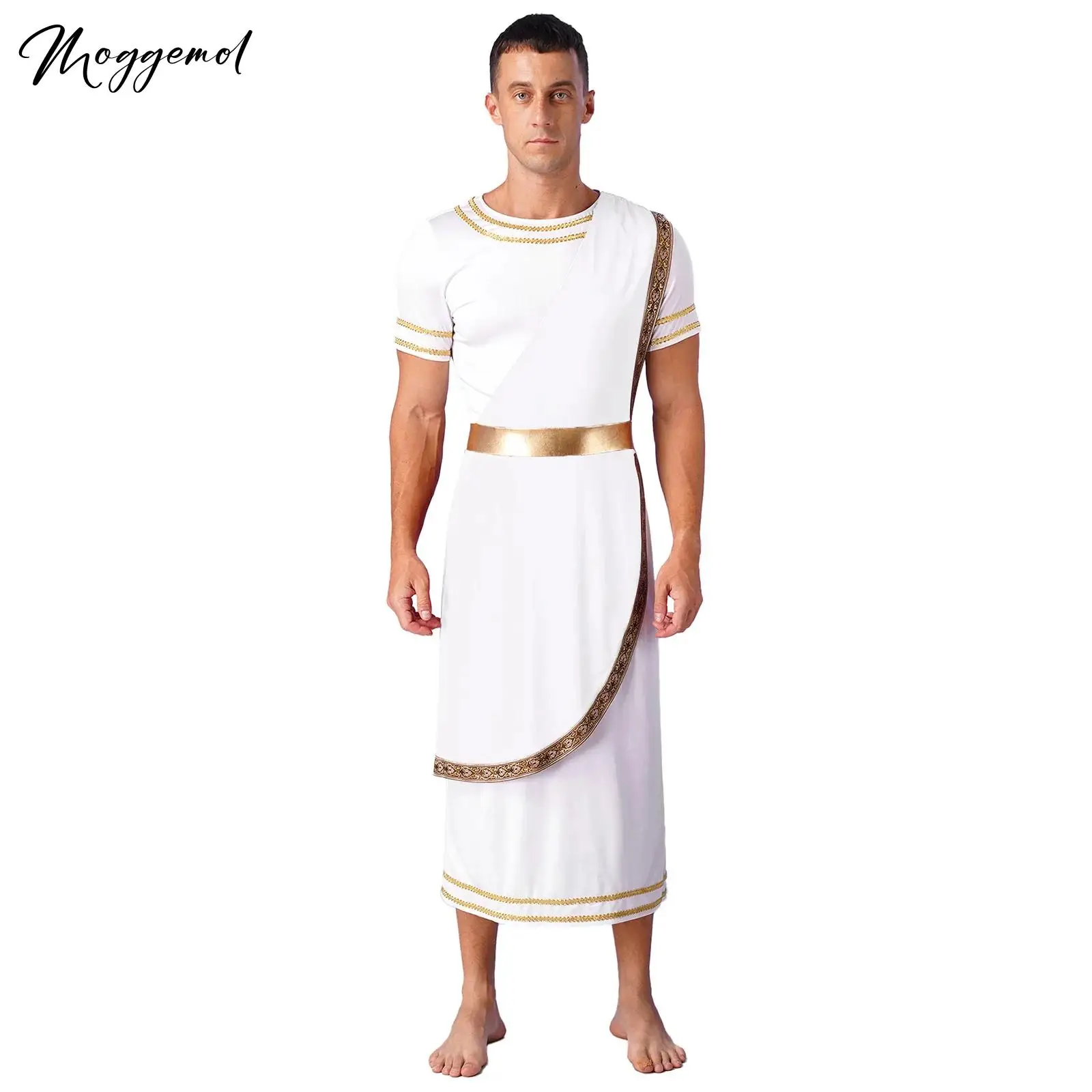 Men Ancient Greek Roman Toga Halloween Cosplay Costume Short Sleeves Gold Long Robe Carnival Theme Party Fancy Dress Outfits