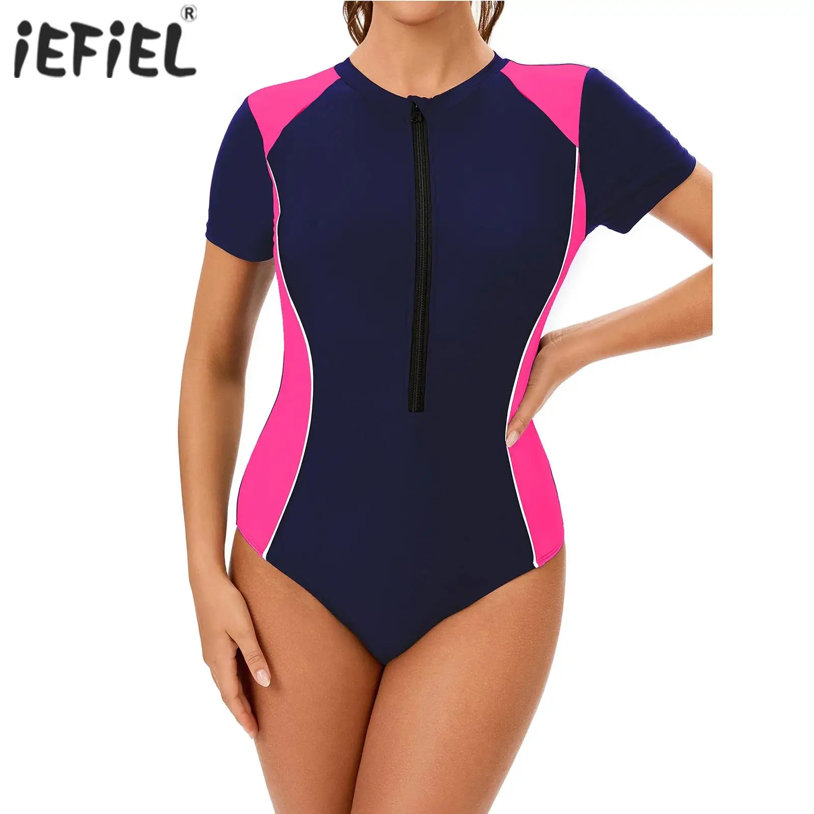 

Womens One-Piece Rashguard Swimsuit Short Sleeve Front Zipper Leotard Swimwear Surfing Bathing Suit with Removable Chest Pads