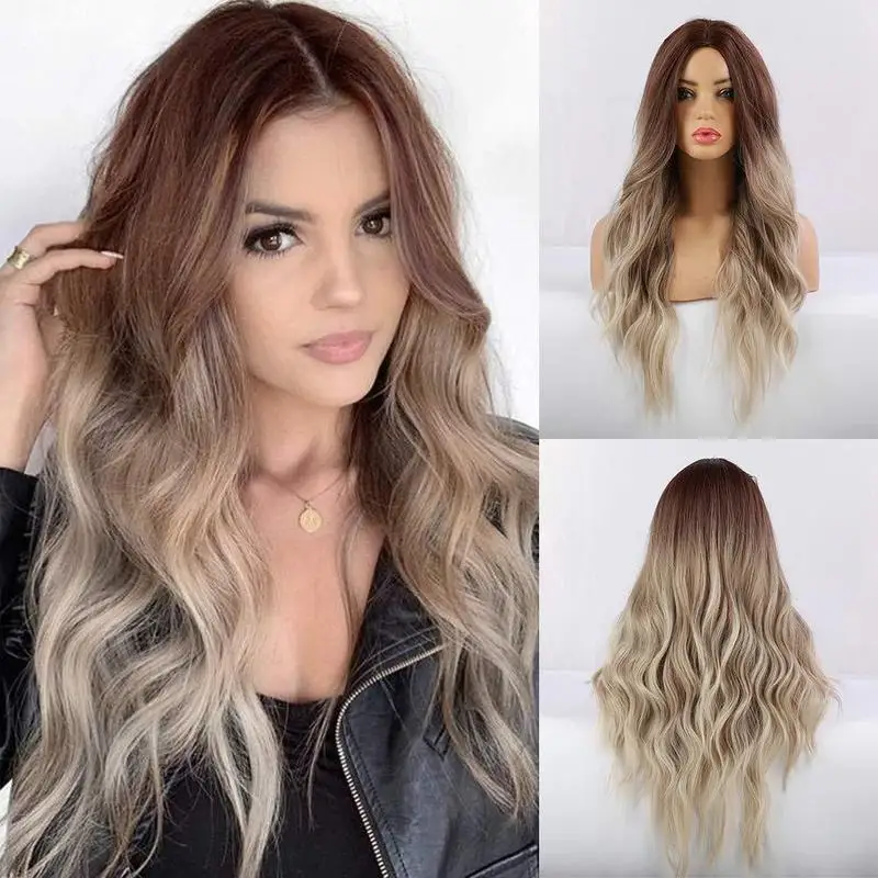 , European and American women's wig, style, middle-parted large wavy long curly hair, synthetic fiber headpie