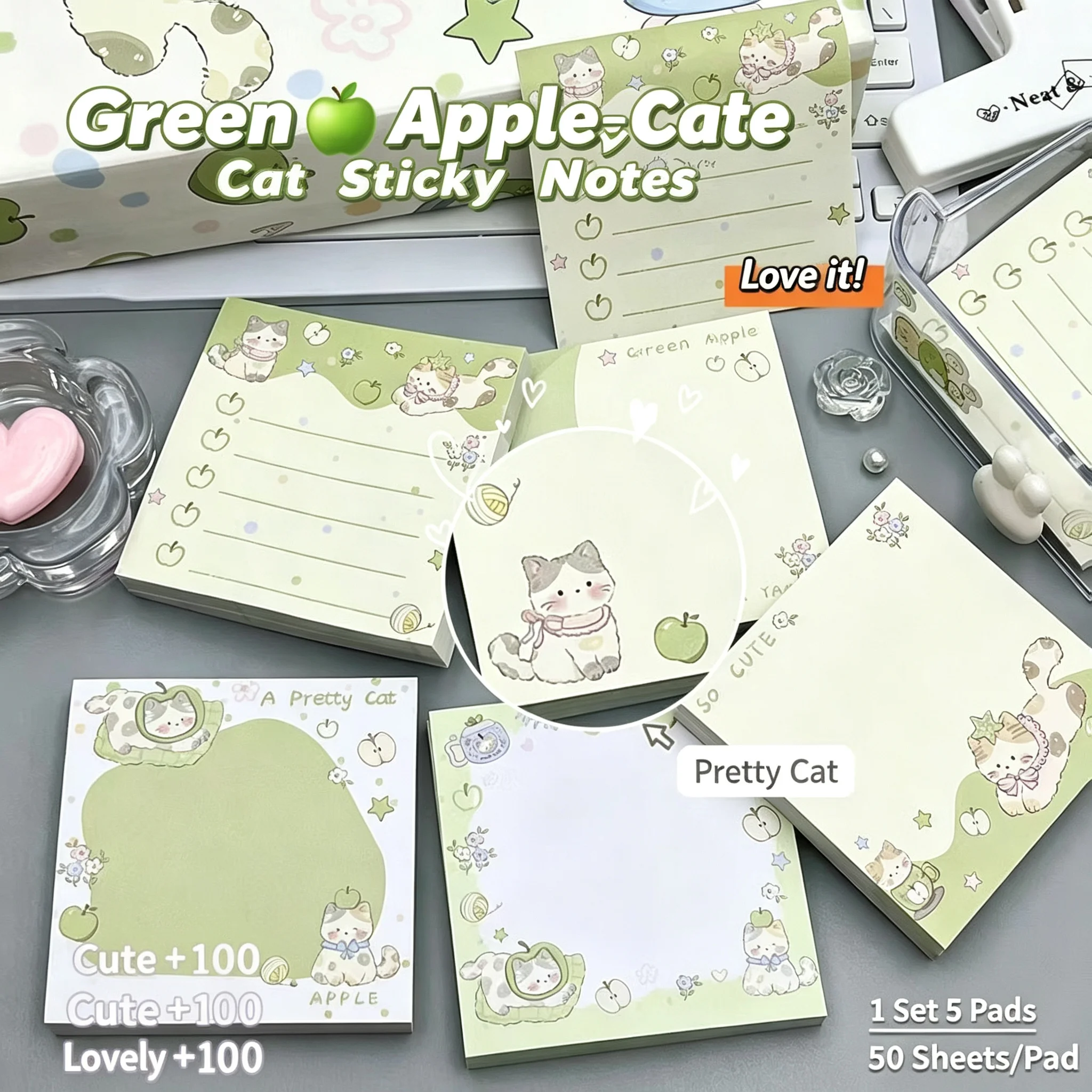 5pcs Green Apple Sticky Notes Kawaii Cartoon Cat Memo Pad Self-Adhesive Notepad for Journal Planner School Office Stationery