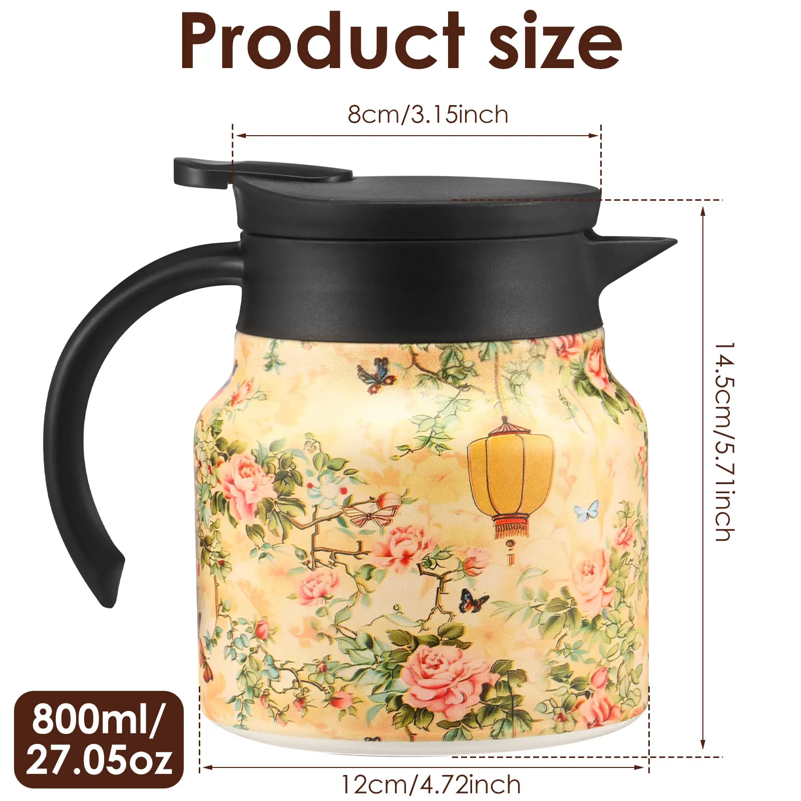 800/1000 ML Vintage Floral Tea Thermos Stainless Steel Tea Kettle Thermal Coffee Pot Drip-Proof Teapot With Tea Infuser for Home