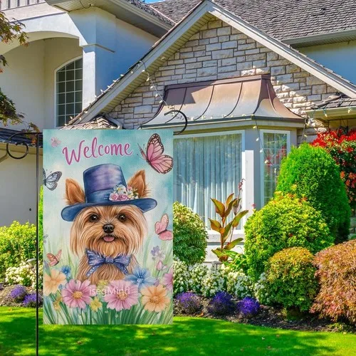 Welcome Spring Flower Yorkshire Terrier Garden Flag Double Sided, 12x18 Inch XXQ