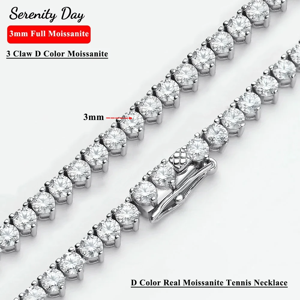 

Serenty 3 Claw D Color 3mm Moissanite Tennis Necklace For Women Wedding S925 Silver Plated 18K Sparkling Neck Chain Fine Jewelry