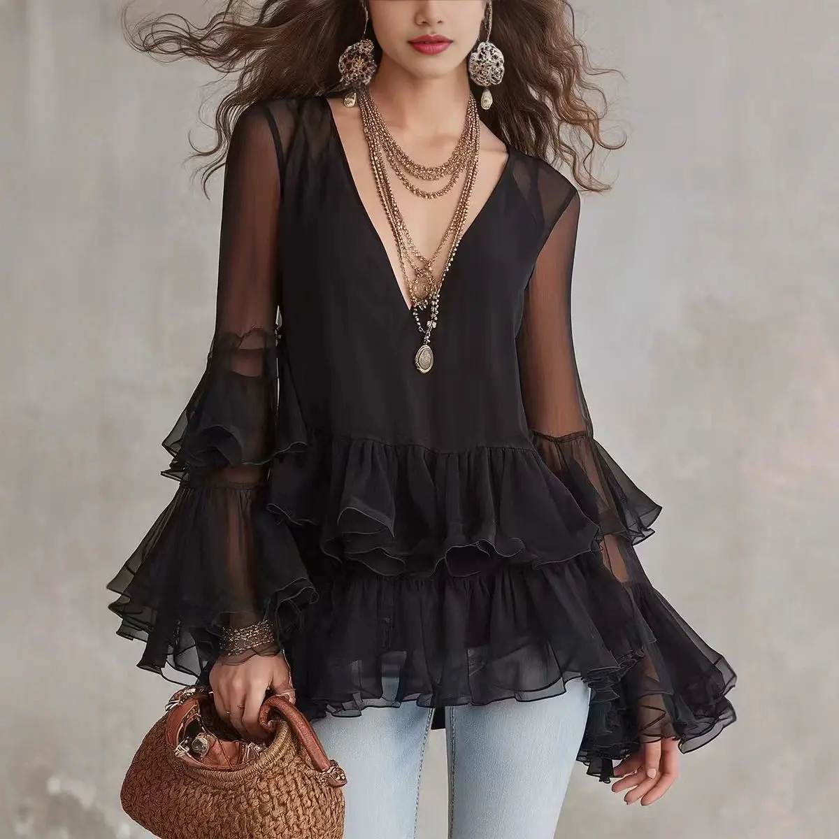 

Elegant Black Loose Sheer Blouses for Women Sexy V-Neck Long Sleeves Patchwork Ruffles Folds Summer Blouse Female Clothing