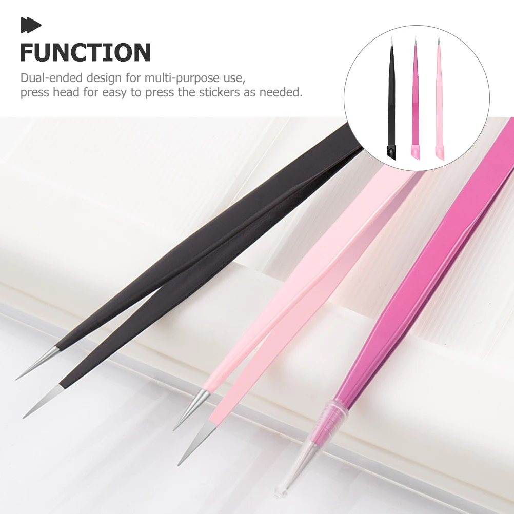 

3Pcs Multi-purpose Nail Tweezers Dual-ended Stainless Steel Eyelash Extensions Beads Picker Tools Set Pink BlackRed