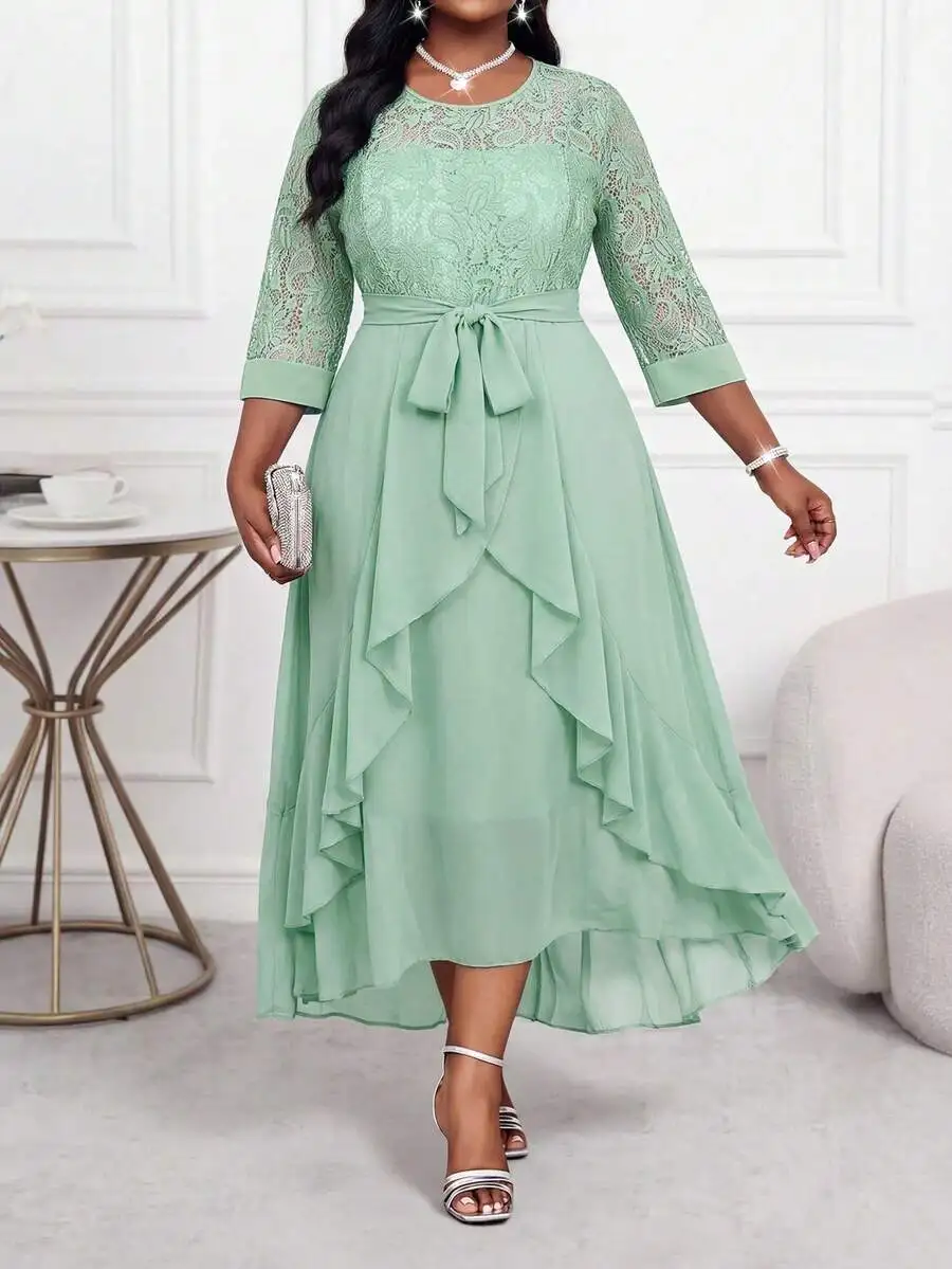 

Mint Green Lace Midi Dress With Ruffle Layers And Bow Waist