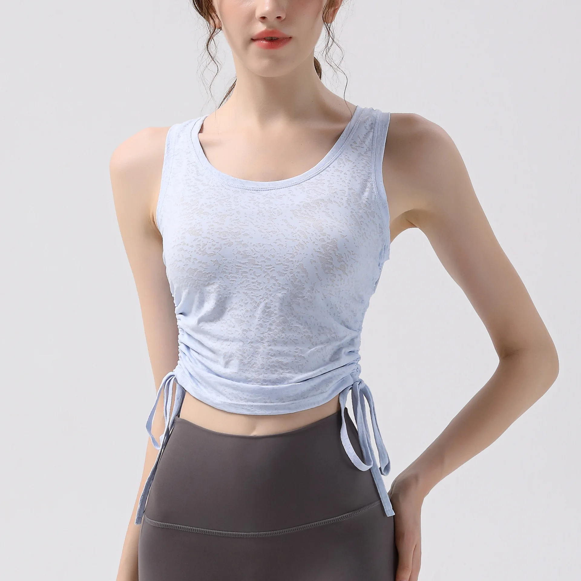 Women's drawstring sports vest,Jacquard thin slim sleeveless Pilates slim top running training fitness Yoga Wear