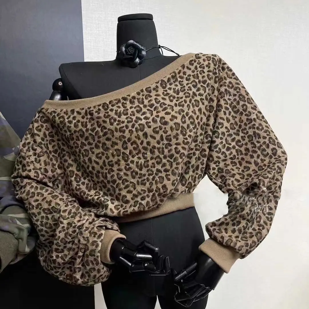 

New Fall Leopard Print Slanted Shoulder Top Women's Cropped Thin Hoodie Long Sleeve Y2K Retro Slimming Fit 7-Way Styling Outfits