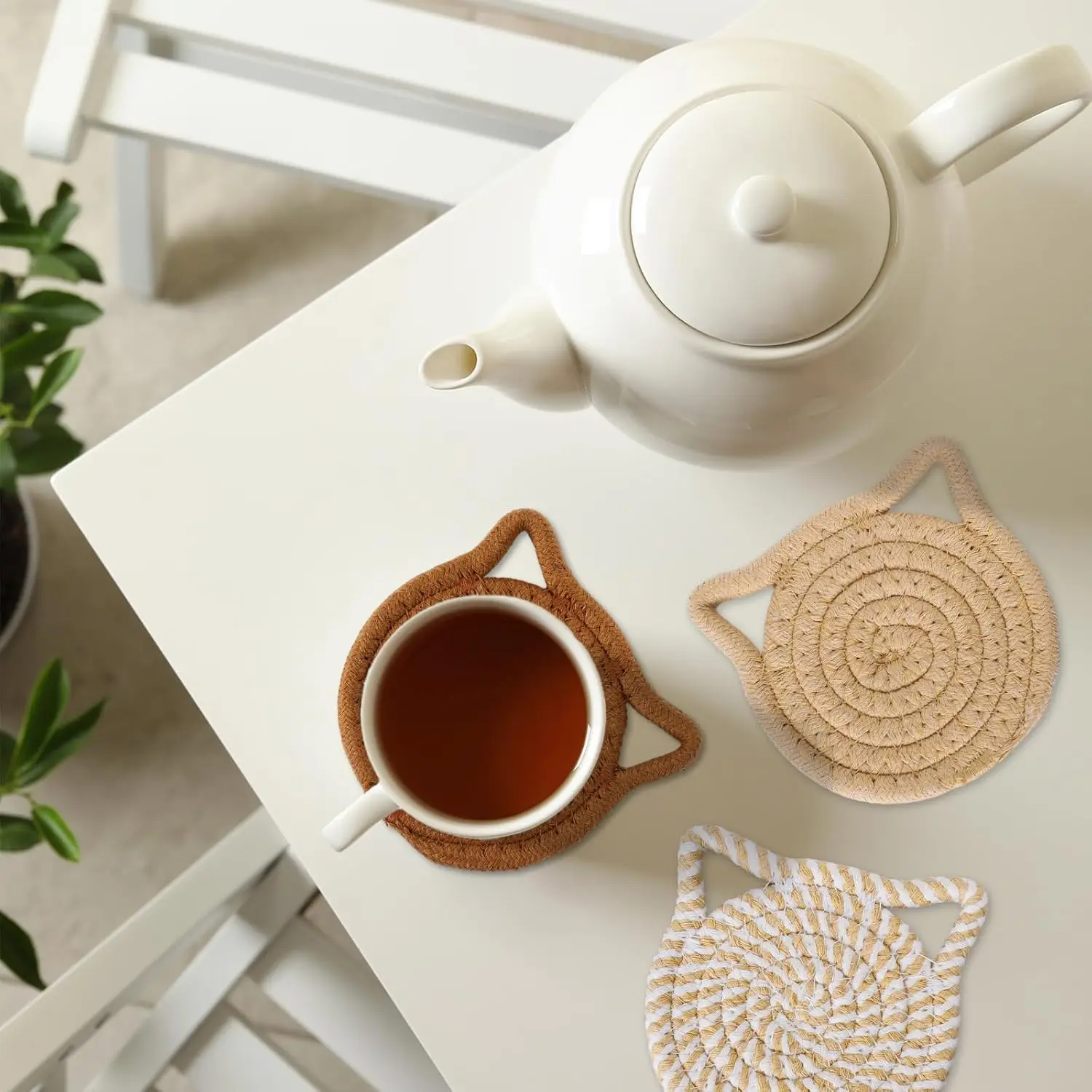 مجموعة قواعد أكواب أذن القطة باللون البني والأبيض مصنوعة يدويًا من القطن المضفر غير قابلة للانزلاق مع حامل للمشروبات #6