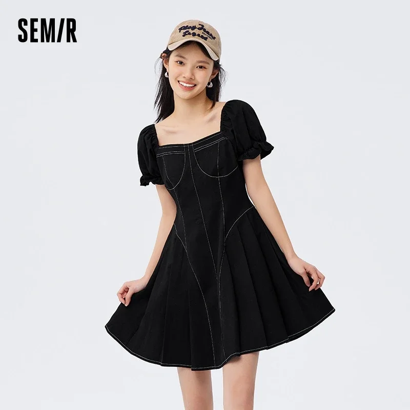 Semir Dress Women Bubble Sleeve Square Neck Elegant And Playful 2024 Summer New Spice Girl Skinny Bright Line Pleated Dress