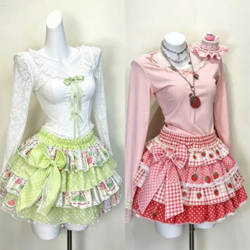 Y2K Kawaii Polka Dot Short Skirt Japanese Cute Bow Puffy Cake Skirt Sweet Lolita Printed Mini Skirt Women Trend Splicing