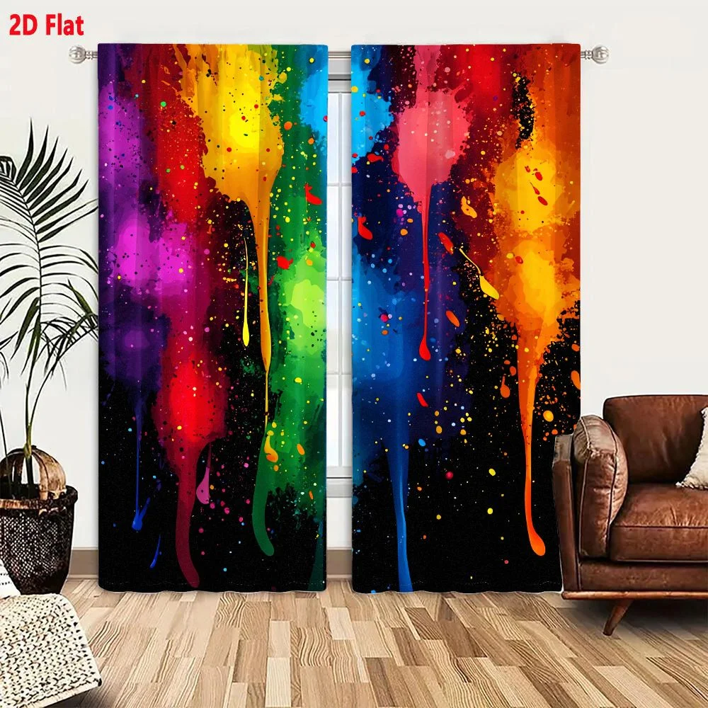 2Pcs Curtains 2D Flat Vibrant Abstract Dripping Paint Rainbow Spectrum On Black Background Window Drapes for Bedroom Room Decor
